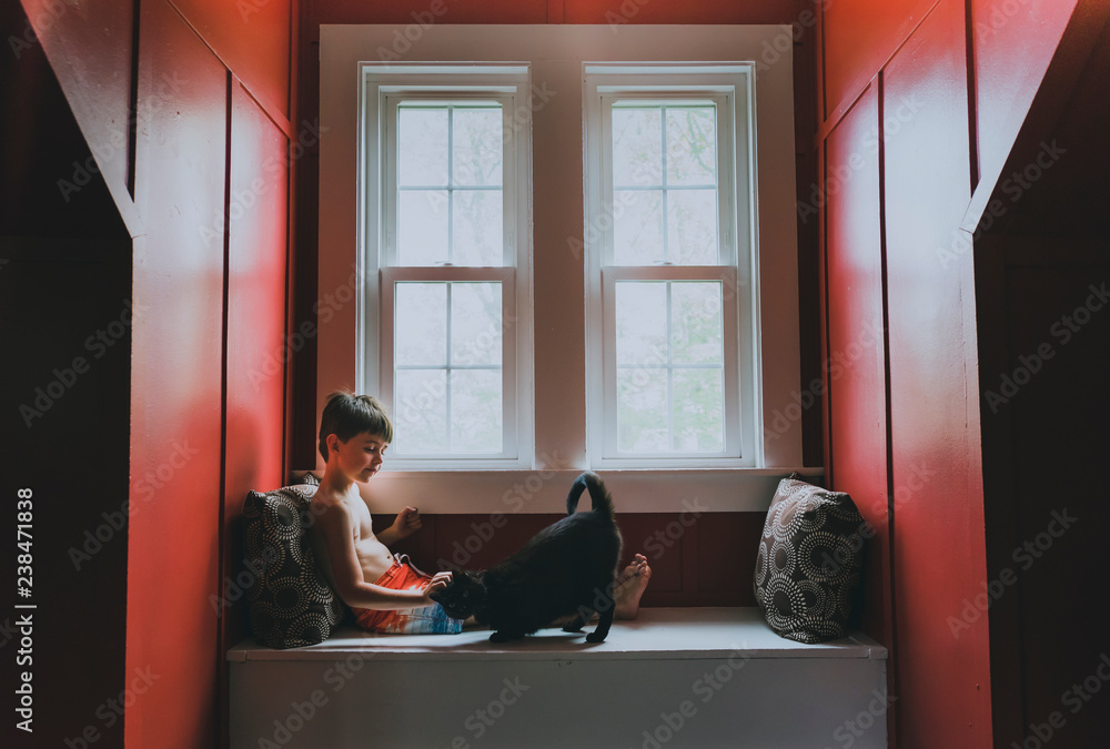 Side view of shirtless cute boy playing with cat while sitting on alcove window seat at home Side view of shirtless cute boy playing with cat while sitting on alcove window seat at home