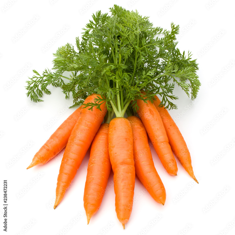 Carrot vegetable with leaves isolated on white background cutout - obrazy, fototapety, plakaty 