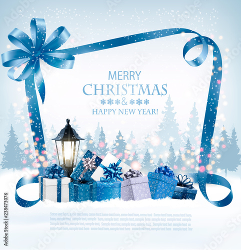 Merry Christmas Background with presents and blue ribbon. Vector
