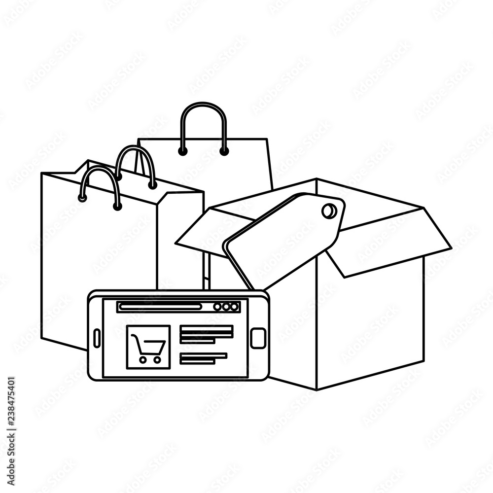 smartphone with shopping bags and box smartphone with shopping bags and box