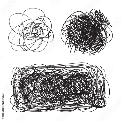 Tangled shapes on white. Chaos pattern. Scribble sketch. Background with array of lines. Intricate chaotic texture. Art creation. Black and white illustration. Doodles for posters and flyers