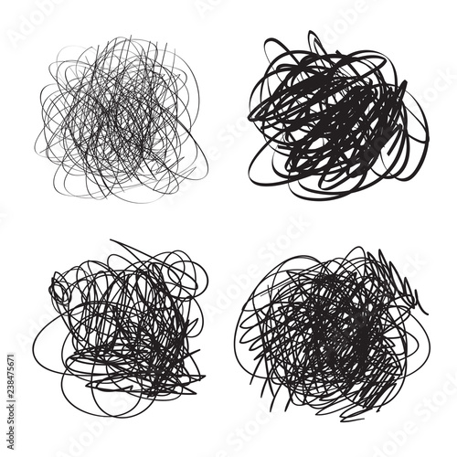 Tangled shapes on isolated white. Chaos pattern. Scribble sketch. Background with array of lines. Intricate chaotic texture. Art creation. Black and white illustration