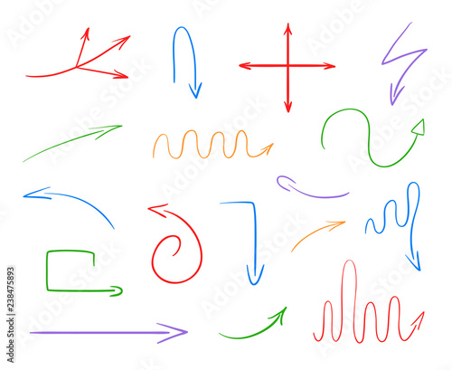 Colored infographic elements on isolated white background. Hand drawn simple arrows. Line art. Set of different pointers. Abstract indicators