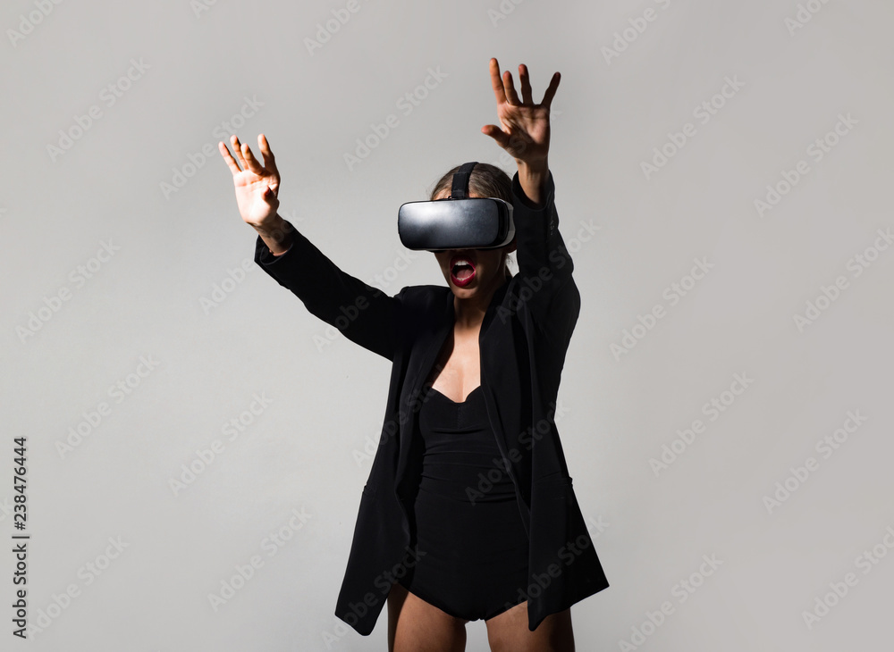 Future technology concept. Best virtual reality headset. Virtual Reality and Future of Presentations. Virtual reality glasses for smartphone. Sexy woman with perfect makeup in virtual reality goggles. Future technology concept. Best virtual reality headset. Virtual Reality and Future of Presentations. Virtual reality glasses for smartphone. Sexy woman with perfect makeup in virtual reality goggles.