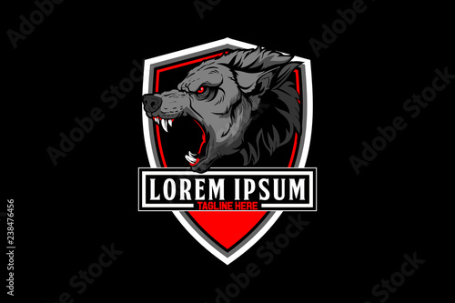 aggressive and angry wolf head vector with shield crest or badge logo template