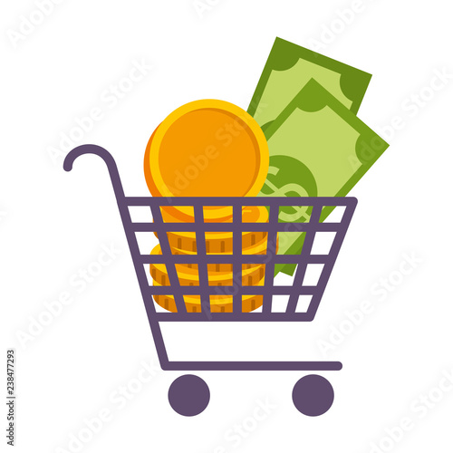 supermarket shopping cart with coins and bills