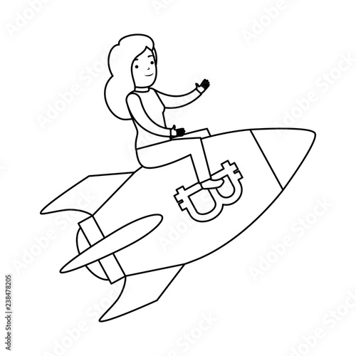 businesswoman flying in rocket with bitcoin symbol
