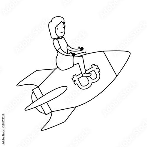 businesswoman flying in rocket with bitcoin symbol