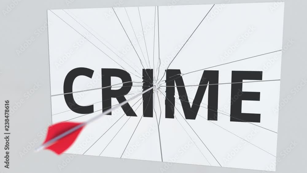 Archery arrow breaks plate with CRIME text, conceptual 3D animation Archery arrow breaks plate with CRIME text, conceptual 3D animation