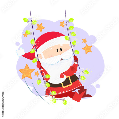 Cheerful Santa swinging on string of lights. Celebration and fun concept. Vector illustration can be used for banner design, festive posters, greeting cards, party invitations
