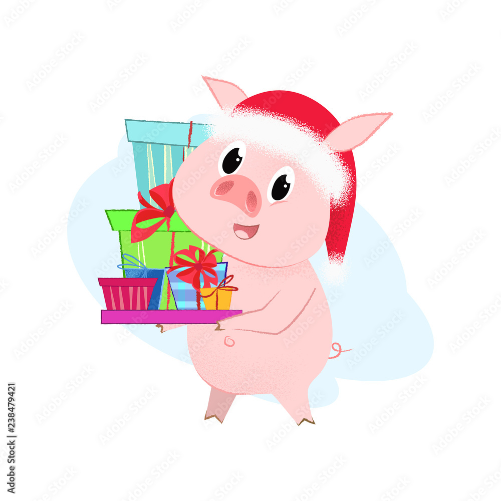 Naklejka premium Joyful piglet in Santa hat carrying pile of presents. Christmas gift delivery concept. Vector illustration can be used for banner design, festive posters, greeting cards