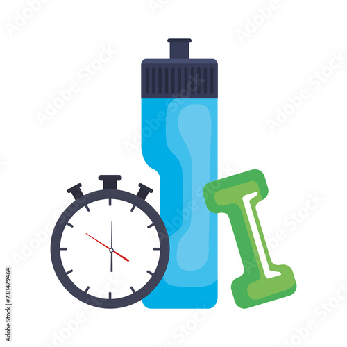 dumbbell with water bottle and chronometer