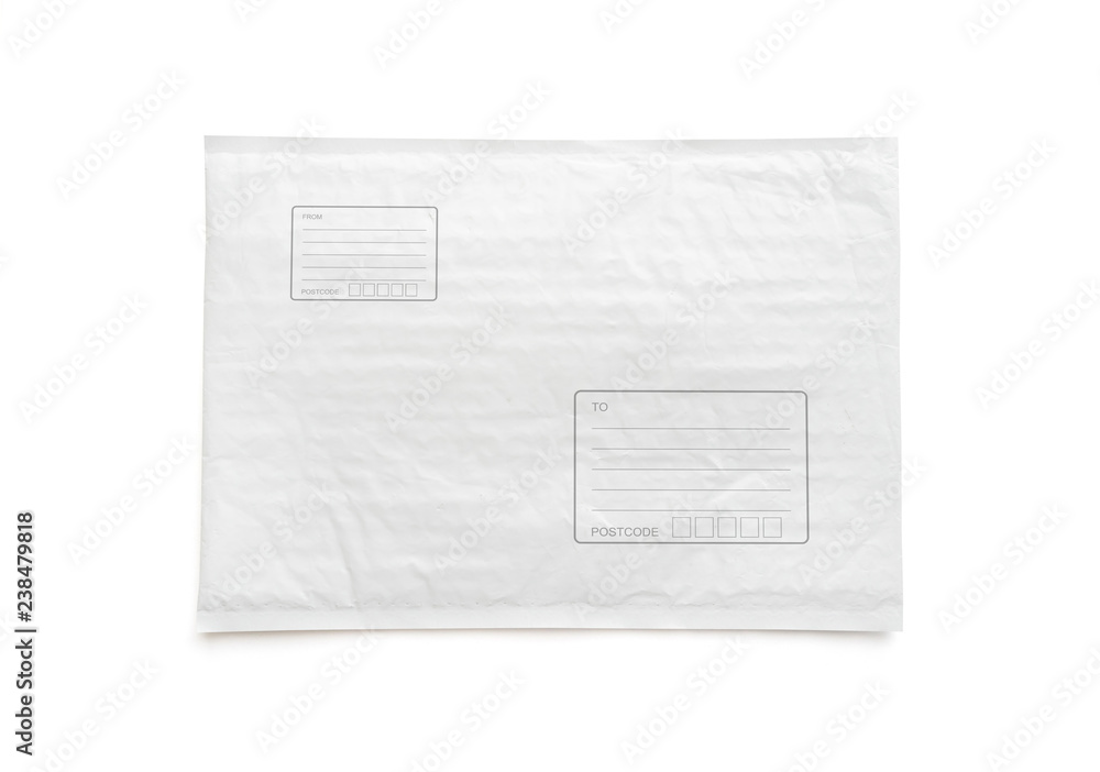 White postal package with area for write address. Plastic parcel object background for online shopping advertising. Isolated on white background with clipping path. White postal package with area for write address. Plastic parcel object background for online shopping advertising. Isolated on white background with clipping path.