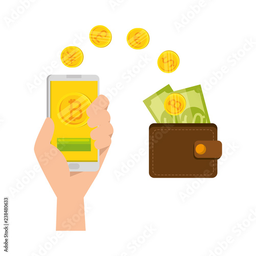 hand with smartphone and bitcoin commerce
