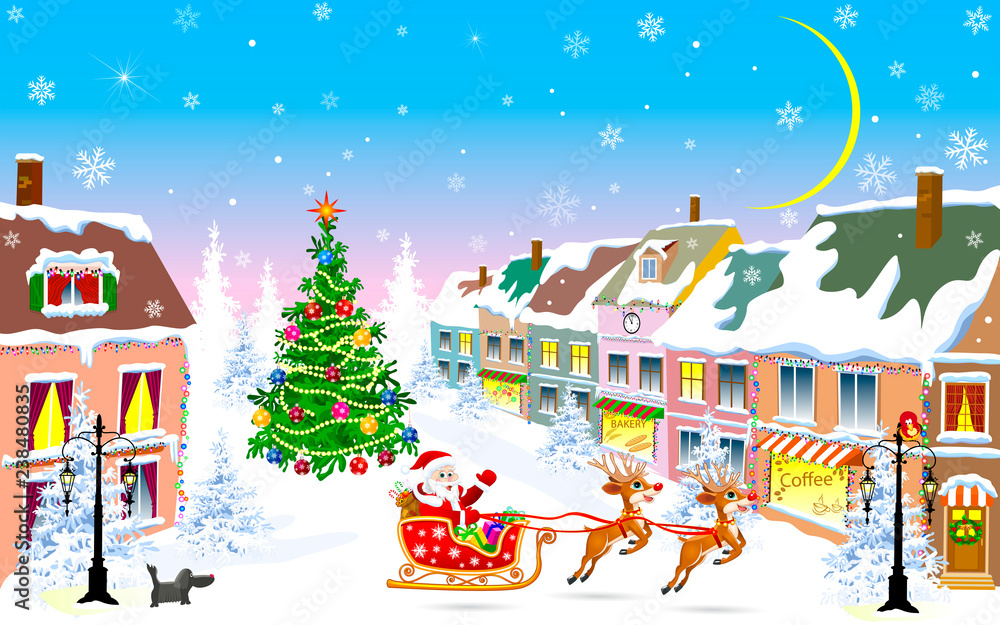 City, Christmas night, Santa Claus on a sleigh. Winter night on Christmas Eve