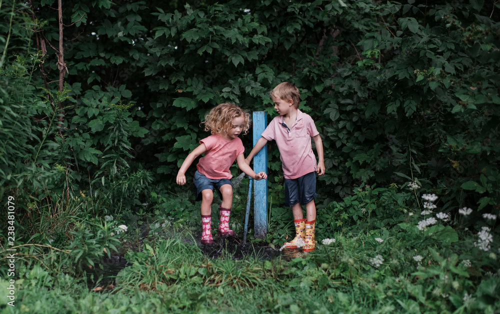 Full length of siblings playing with water by wooden post amidst plants at park Full length of siblings playing with water by wooden post amidst plants at park