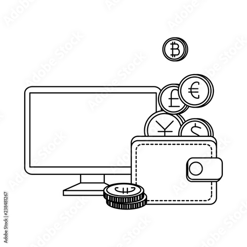 desktop and wallet with set of commercial coins