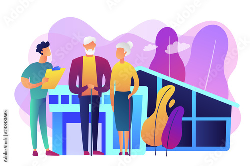 Skilled nurse and elderly people getting around-the-clock nursing care. Nursing home, nursing residential care, physical therapy service concept. Bright vibrant violet vector isolated illustration