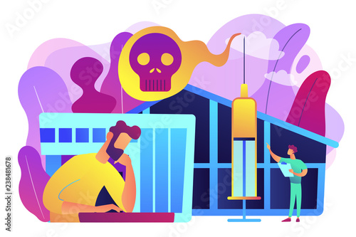 Patient getting medical treatment for dependency on psychoactive substances. Drug rehab center, experimental treatment, drug rehabilitation concept. Bright vibrant violet vector isolated illustration