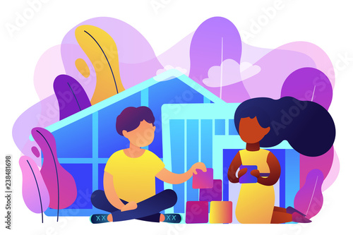 Children play in center giving information about treatment of ASD. Autism center, treatment of autism spectrum disorder, kids autism help concept. Bright vibrant violet vector isolated illustration