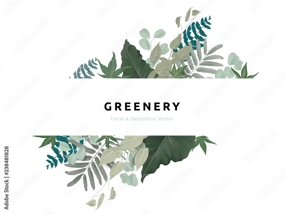Greenery bouquet wreath template, Epipremnum aureum, tropical green leaves in rectangle shape with white frame, pastel theme