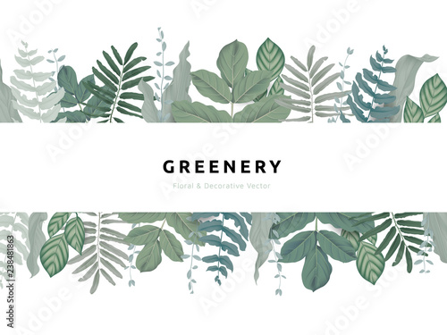 Greenery bouquet wreath template, tropical green leaves in rectangle shape with white frame, pastel theme