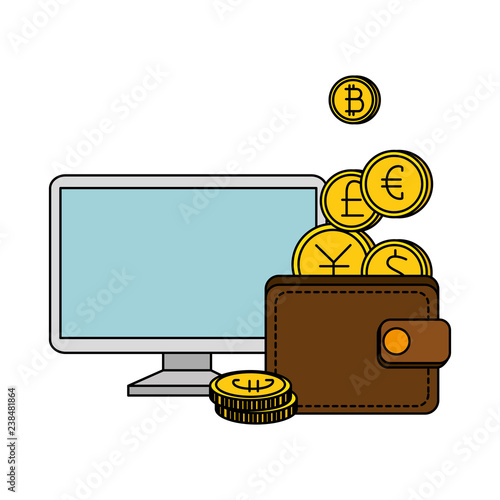 desktop and wallet with set of commercial coins