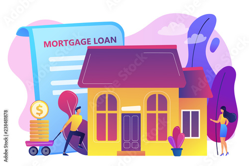 Borrower making mortgage payment for real estate and mortgage loan agreement. Mortgage loan, home bank credit, real estate services concept. Bright vibrant violet vector isolated illustration