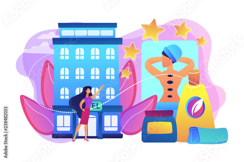 Business woman giving rating stars to hotel with spa and bodywork. Wellness and spa hotel, enjoyable lifestyle, massage and bodywork service concept. Bright vibrant violet vector isolated illustration