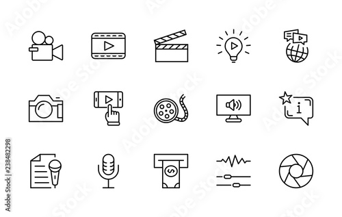 International Film Day Set Line Vector Icons. Contains such Icons as Clapperboard, Camera, Video, Play, Film, Lens, Microphone, Media settings and more. Editable Stroke. 32x32 Pixel Perfect