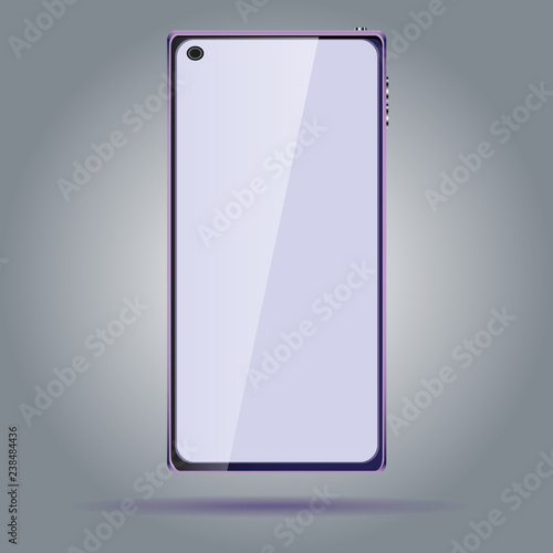 Beautiful modern new smart frameless mobile phone, touchscreen smartphone and selfie camera on the screen. Vector illustration