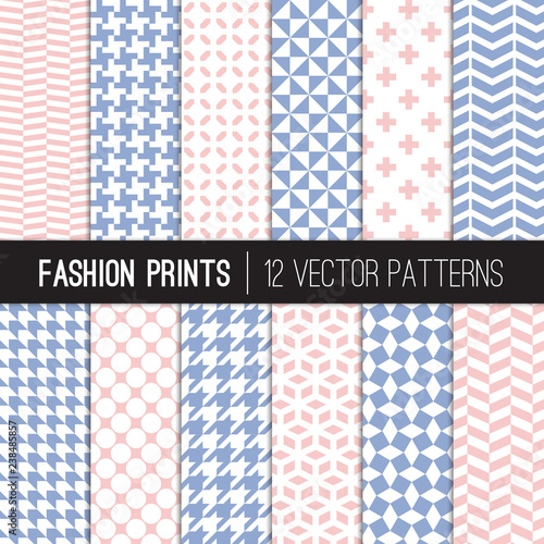 Pink and Blue Fashion Prints Vector Patterns. Houndstooth, Herringbone, Triangle, Cross, Dots, Chevron. Rose Quartz and Serenity Textile Prints. Repeating Pattern Tile Swatches Included.