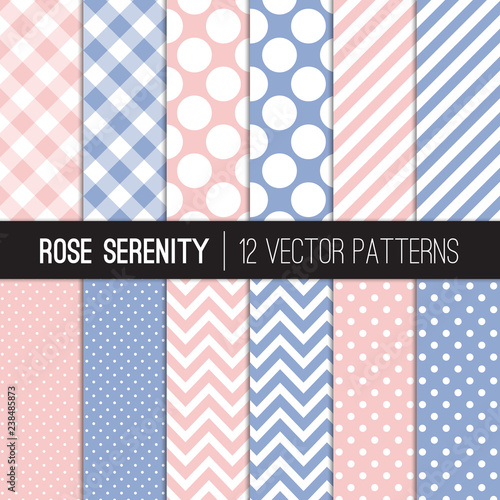 Pink and Blue Gingham, Chevron, Polka Dots and Stripes Vector Patterns. Rose Quartz and Serenity Modern Geometric Backgrounds. Repeating Pattern Tile Swatches Included.