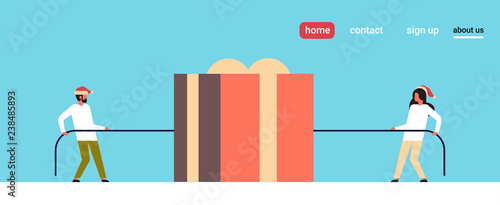 man woman pulling opposite ends rope gift box present merry christmas happy new year holiday concept tug of war flat horizontal