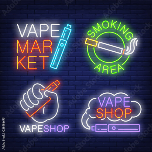 Tobacco and electronic cigarettes neon signs set with text. Vape shop and smoking design elements. Night bright neon sign, colorful billboard, light banner. Vector illustration in neon style.