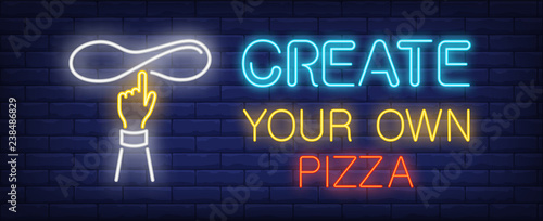 Create your own pizza neon sign. Glowing inscription with hand turning pizza paste on brick wall background. Vector illustration can be used for pizzeria, cafe, fast food