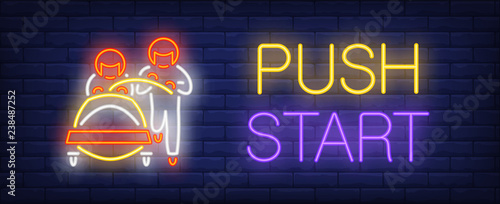 Push start neon sign. Glowing inscription with red bob and two sportsmen on brick wall background. Vector illustration can be used for sport, competition, bobsleigh