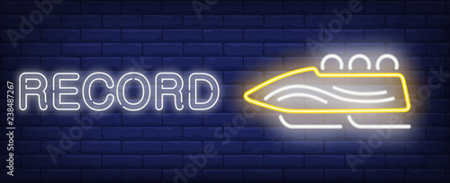 Record neon sign. Glowing inscription with yellow bobsleigh on brick wall background. Vector illustration can be used for sport, competition, bobsleigh