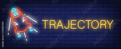 Trajectory neon sign. Glowing inscription with red bobsleigh on brick wall background. Vector illustration can be used for sport, competition, bobsleigh