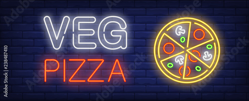 Veg pizza neon sign. Glowing inscription with six pizza slices on brick wall background. Vector illustration can be used for pizza, cafe, fast food