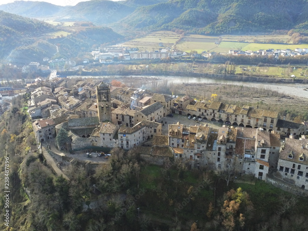 Aerial view of Ainsa. Medieval village of Huesca, Spain. Drone Photo