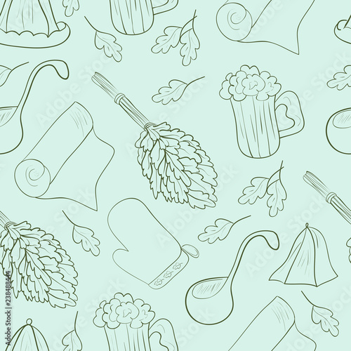 Background, wallpaper, texture. Seamless. Objects for baths, saunas. Hat, broom, beer, towel. Sketch. Green pattern on a blue background.