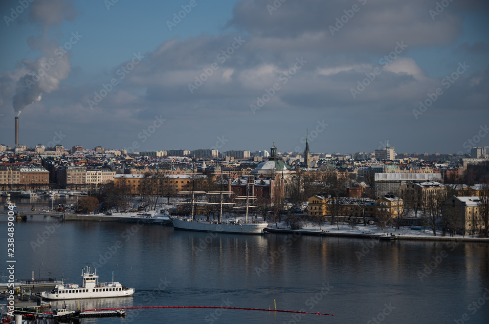 Stockholm waterfront a winter day islands in snow an ice