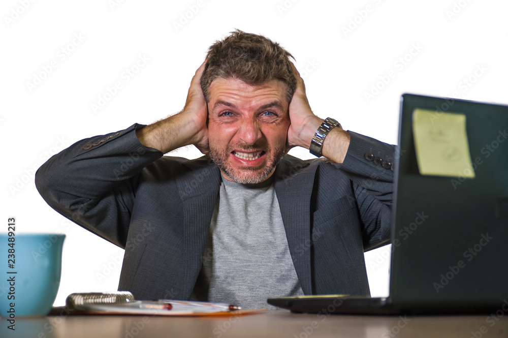 frustrated man working at office computer desk desperate and overwhelmed feeling upset suffering depression and anxiety crisis in financial business problem frustrated man working at office computer desk desperate and overwhelmed feeling upset suffering depression and anxiety crisis in financial business problem