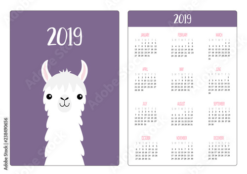 Llama alpaca face head neck. Simple pocket calendar layout 2019 new year. Week starts Sunday. Cute cartoon character. Vertical orientation. Flat design. Violet background.
