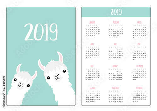 Two llama alpaca face neck framily set. Simple pocket calendar layout 2019 new year. Week starts Sunday. Cute cartoon character. Vertical orientation. Flat design. Blue background.