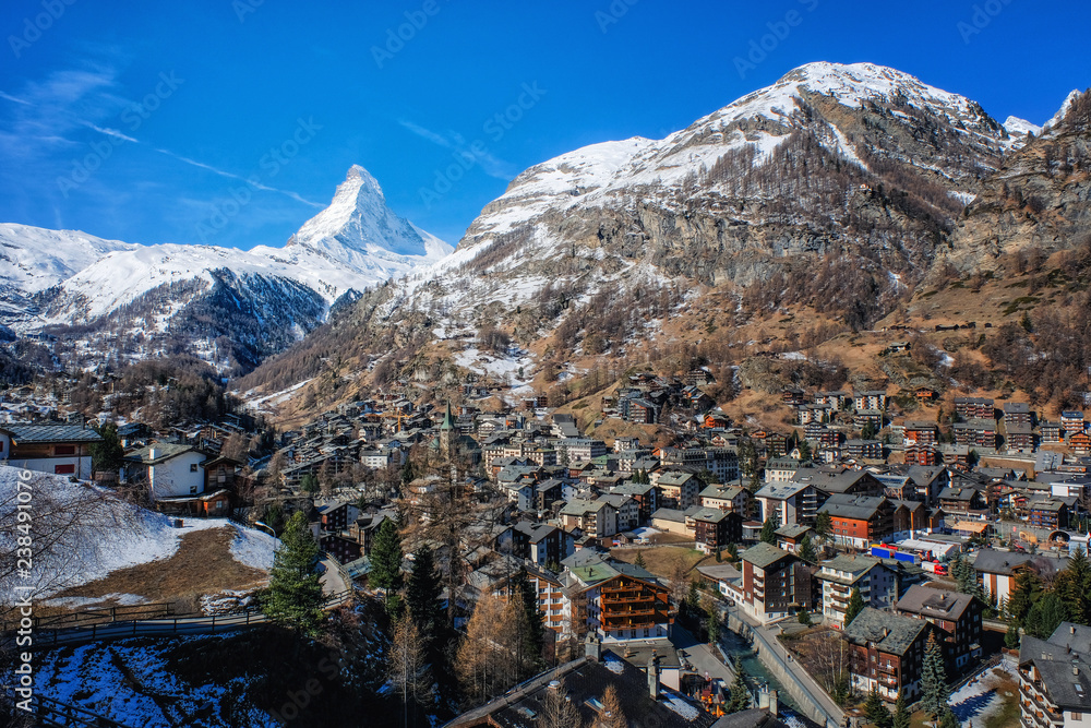 Beautiful view of Zermatt village with Matterhorn Mountain background in Switzerland.