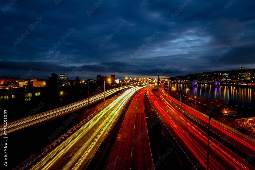 Light Trail of highway during blue hour in Portland Oregon