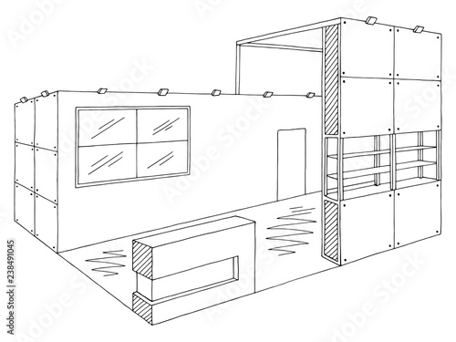 Exhibition stand graphic interior black white sketch illustration vector