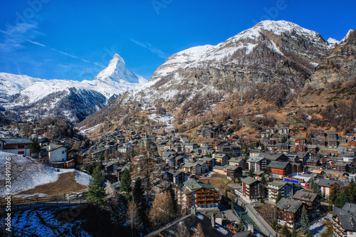 Beautiful view of Zermatt village with Matterhorn Mountain background in Switzerland.